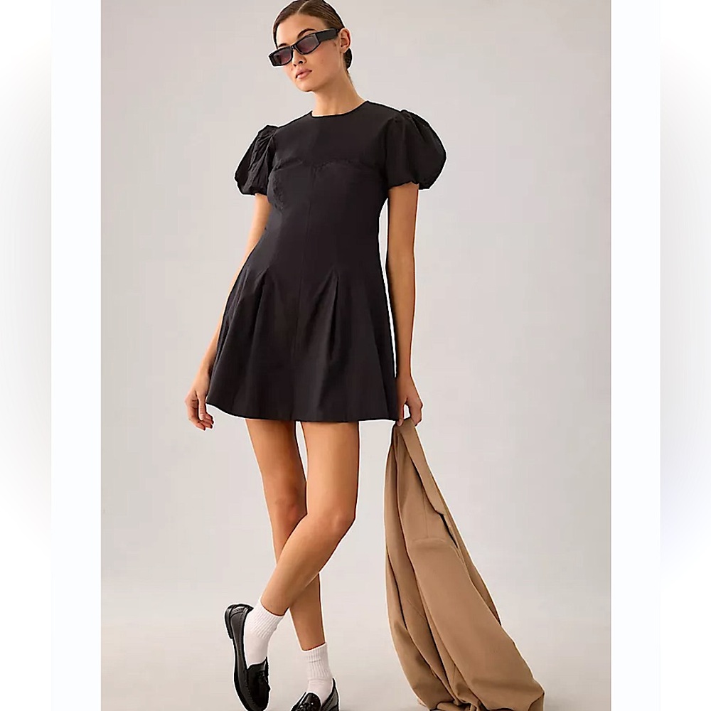 Anthropologie Maeve puff sleeve pleated mini dress black xlarge